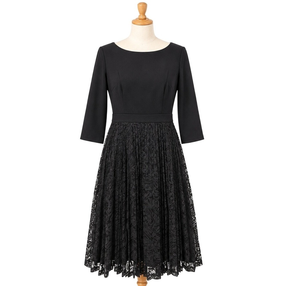 Talbots Black Lace Fit & Flare Cocktail Dress Sz. 10 Pleated 3/4 Sleeve Holiday